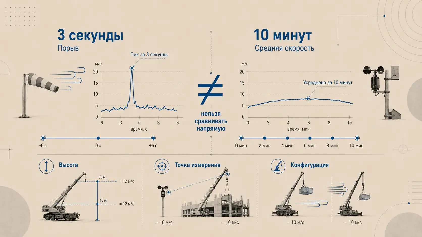 Сравнение 3-секундного порыва и 10-минутной средней скорости ветра с учетом высоты, точки измерения и конфигурации автокрана