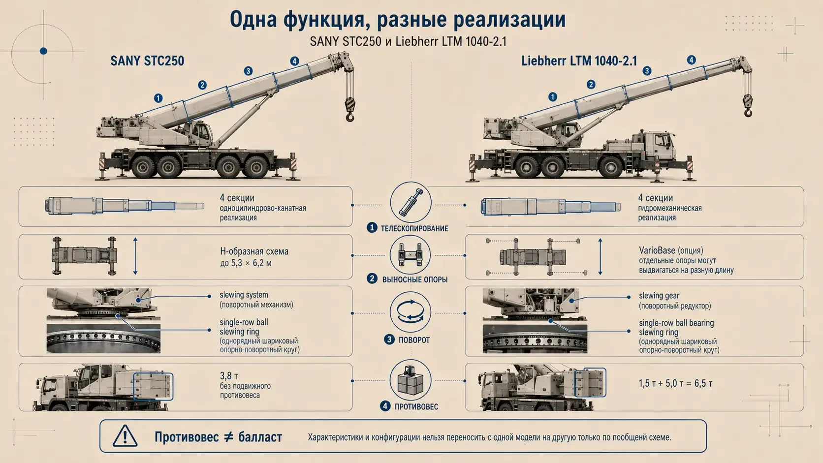 Сравнительная инженерная схема автокранов SANY STC250 и Liebherr LTM 1040-2.1 с сопоставлением телескопирования, выносных опор, поворота и противовеса, показывающая разные технические реализации одной функции