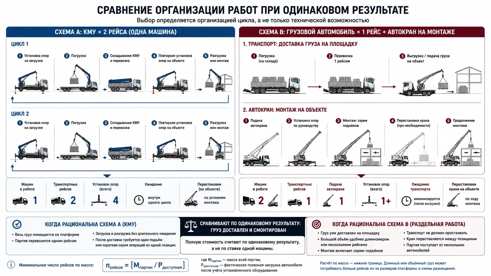 Сравнение двух рабочих циклов: КМУ выполняет два рейса, а грузовой автомобиль доставляет груз одним рейсом для монтажа автокраном