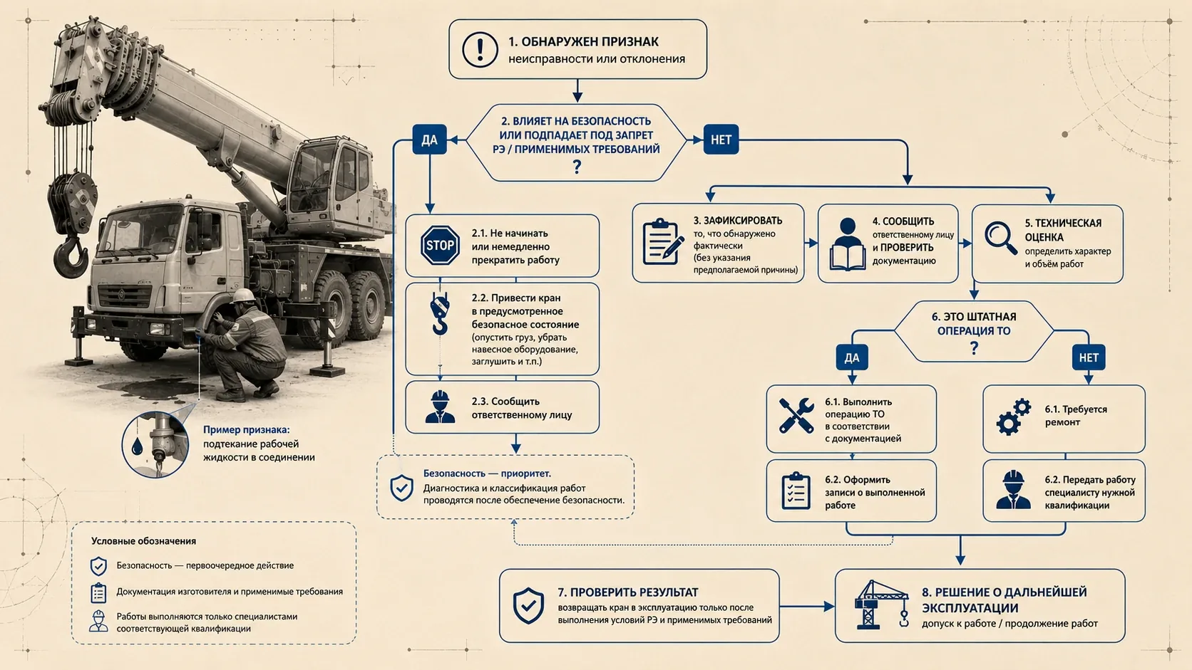 Блок-схема действий при обнаружении неисправности автокрана перед работой или во время ТО