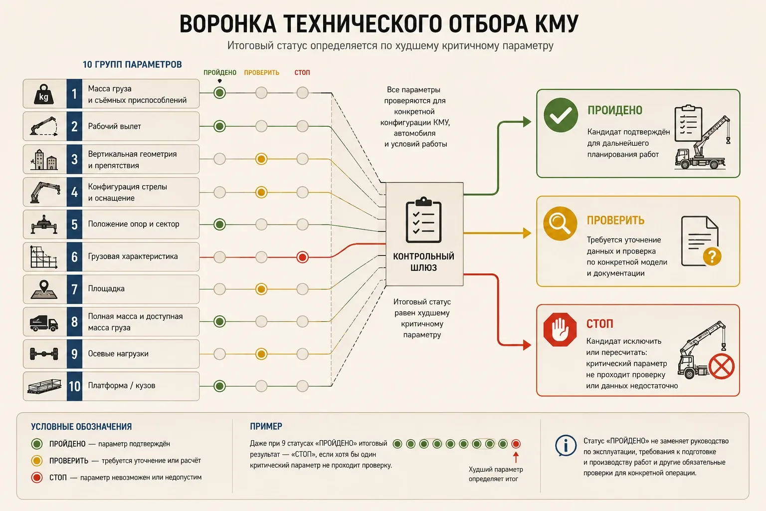 Воронка технического отбора КМУ по десяти параметрам со статусами ПРОЙДЕНО, ПРОВЕРИТЬ и СТОП