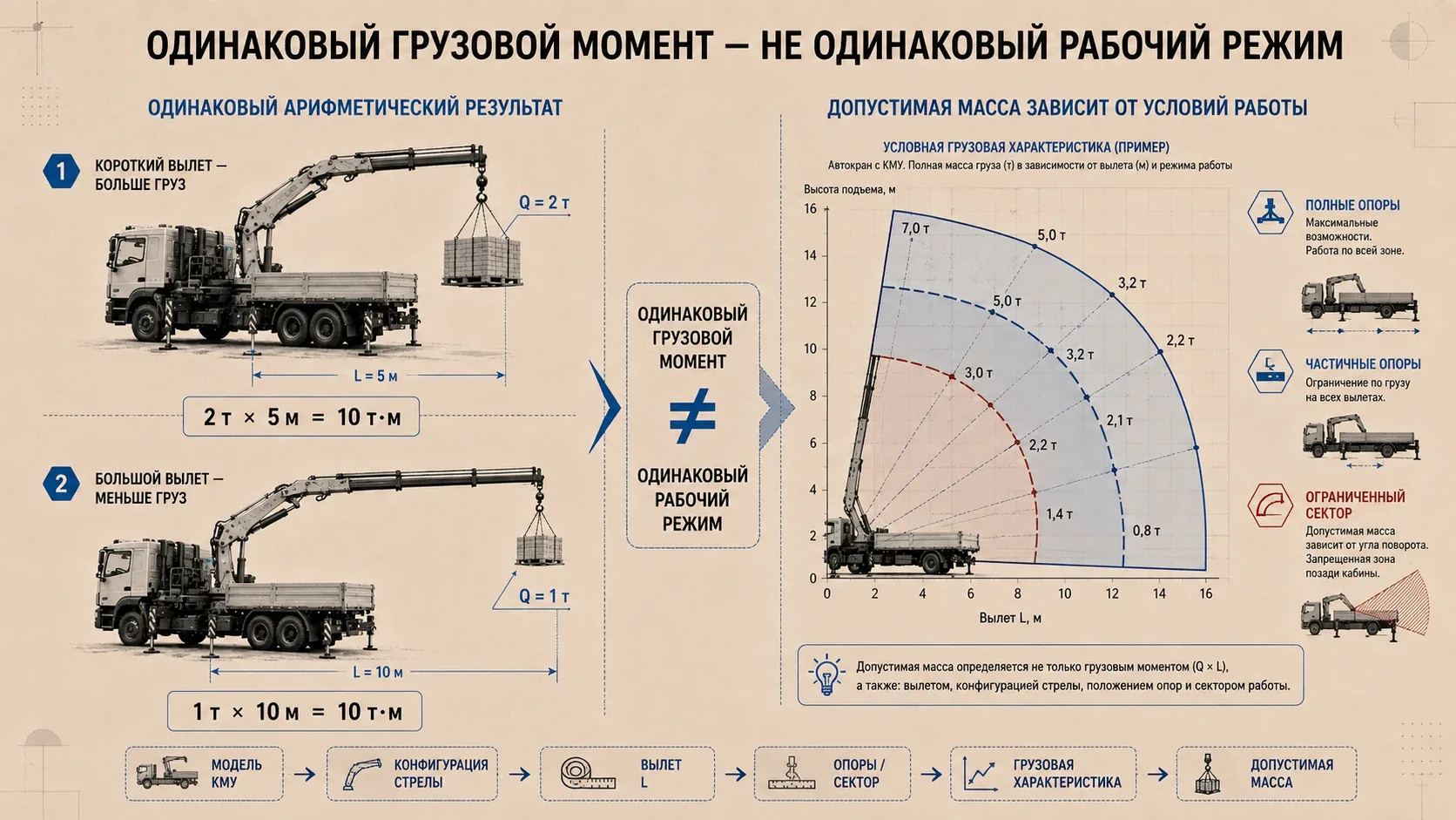 Грузовой момент и грузовая характеристика КМУ: одинаковые т·м при разных рабочих режимах