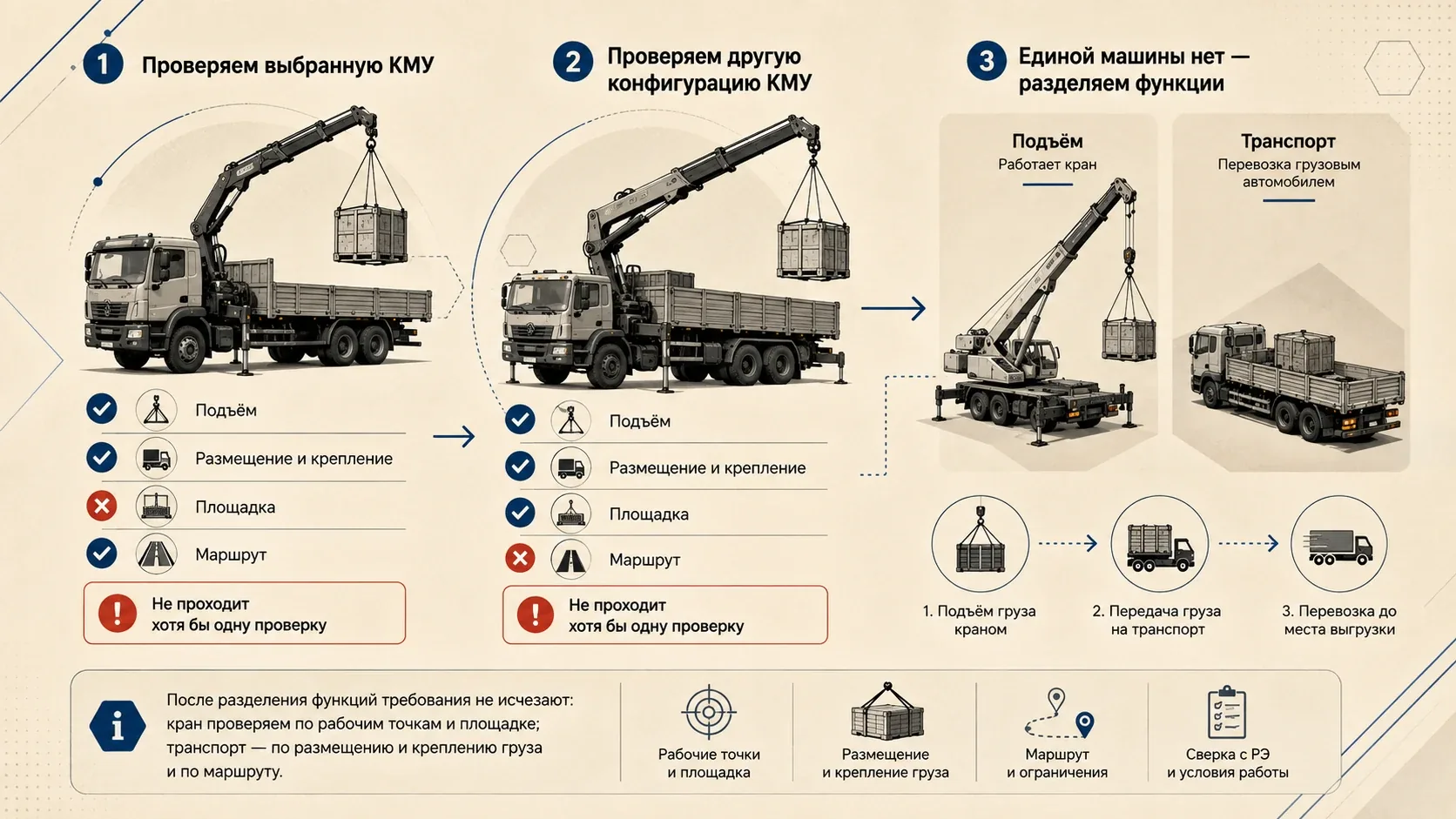Схема выбора техники: проверка КМУ по четырём условиям и разделение подъёма и перевозки при отсутствии подходящей одной машины