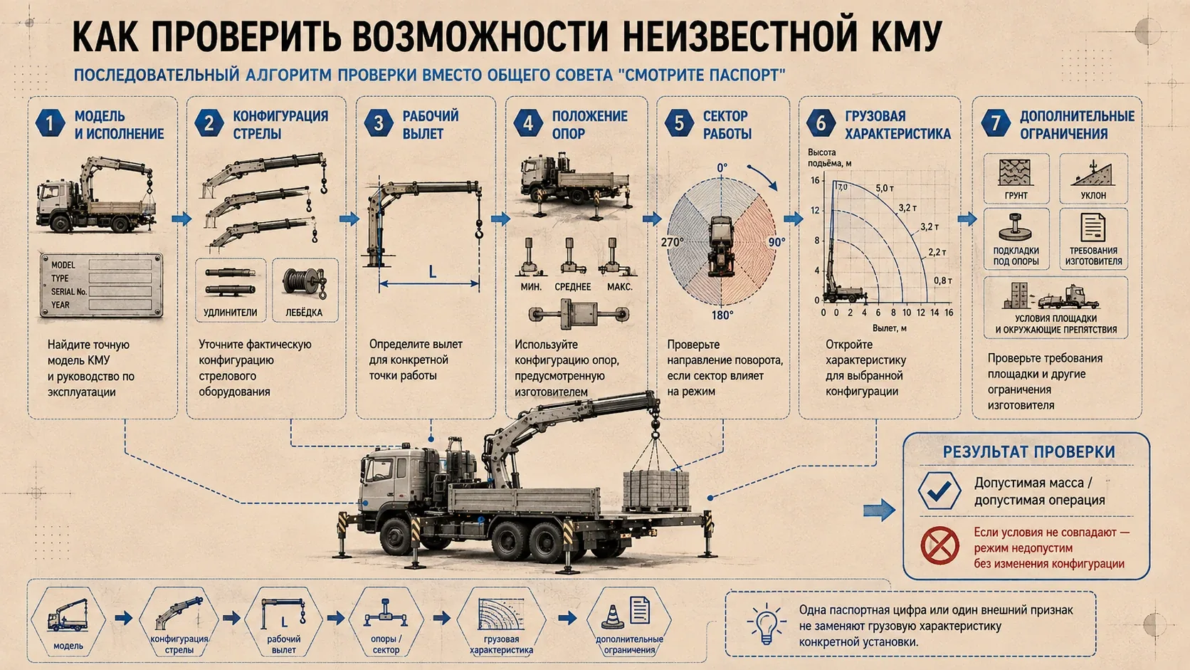 Алгоритм проверки возможностей неизвестной КМУ по модели, конфигурации, вылету, опорам, сектору и грузовой характеристике