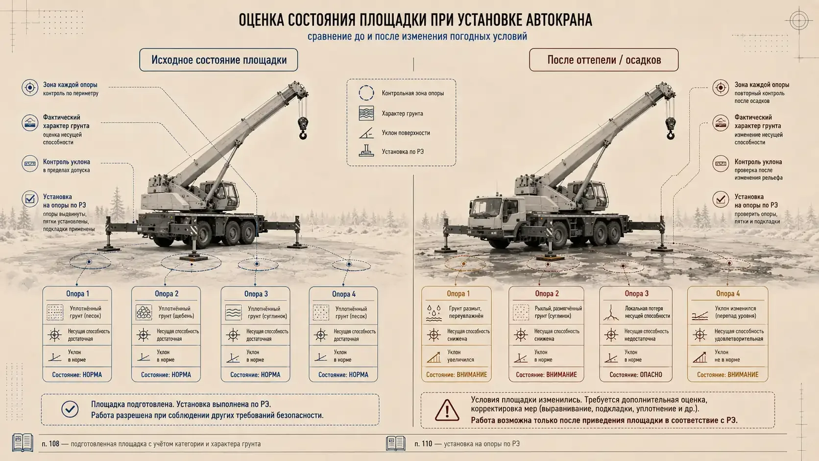 Сравнительная инженерная схема состояния площадки при установке автокрана до и после оттепели с контролем грунта, уклона и четырех выносных опор
