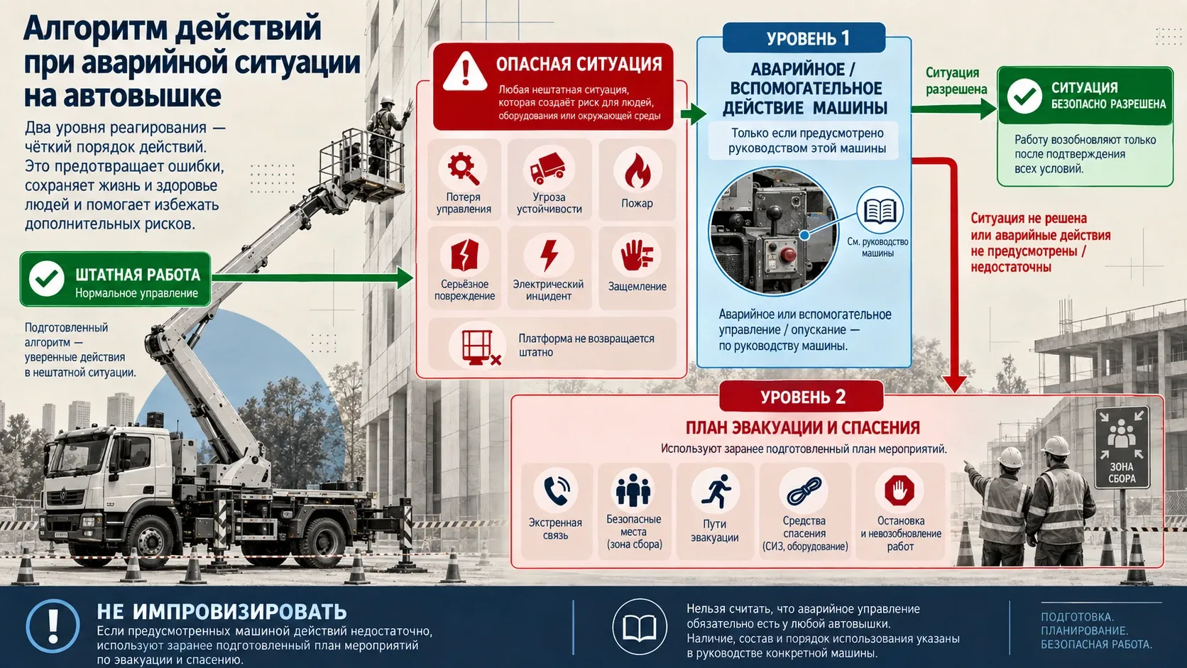 Схема аварийных действий на автовышке: вспомогательное управление по руководству машины и переход к плану эвакуации и спасения