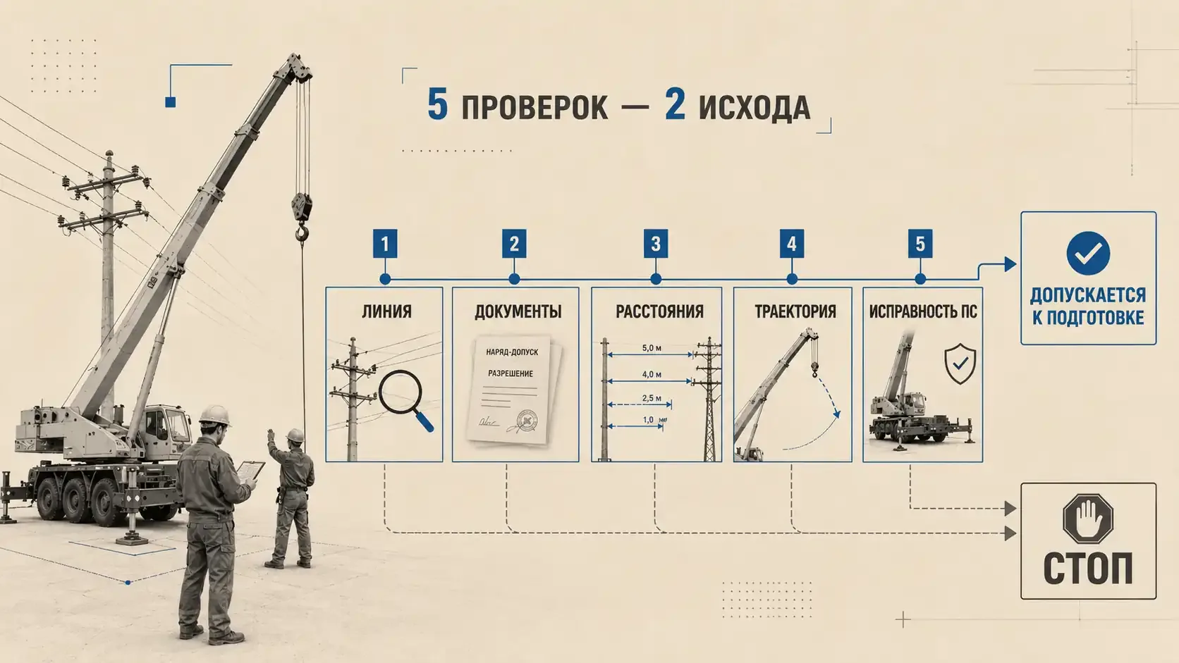 Схема «5 проверок — 2 исхода» для работы автокрана вблизи ЛЭП: линия, документы, расстояния, траектория и исправность ПС с двумя исходами — допуск к подготовке или стоп