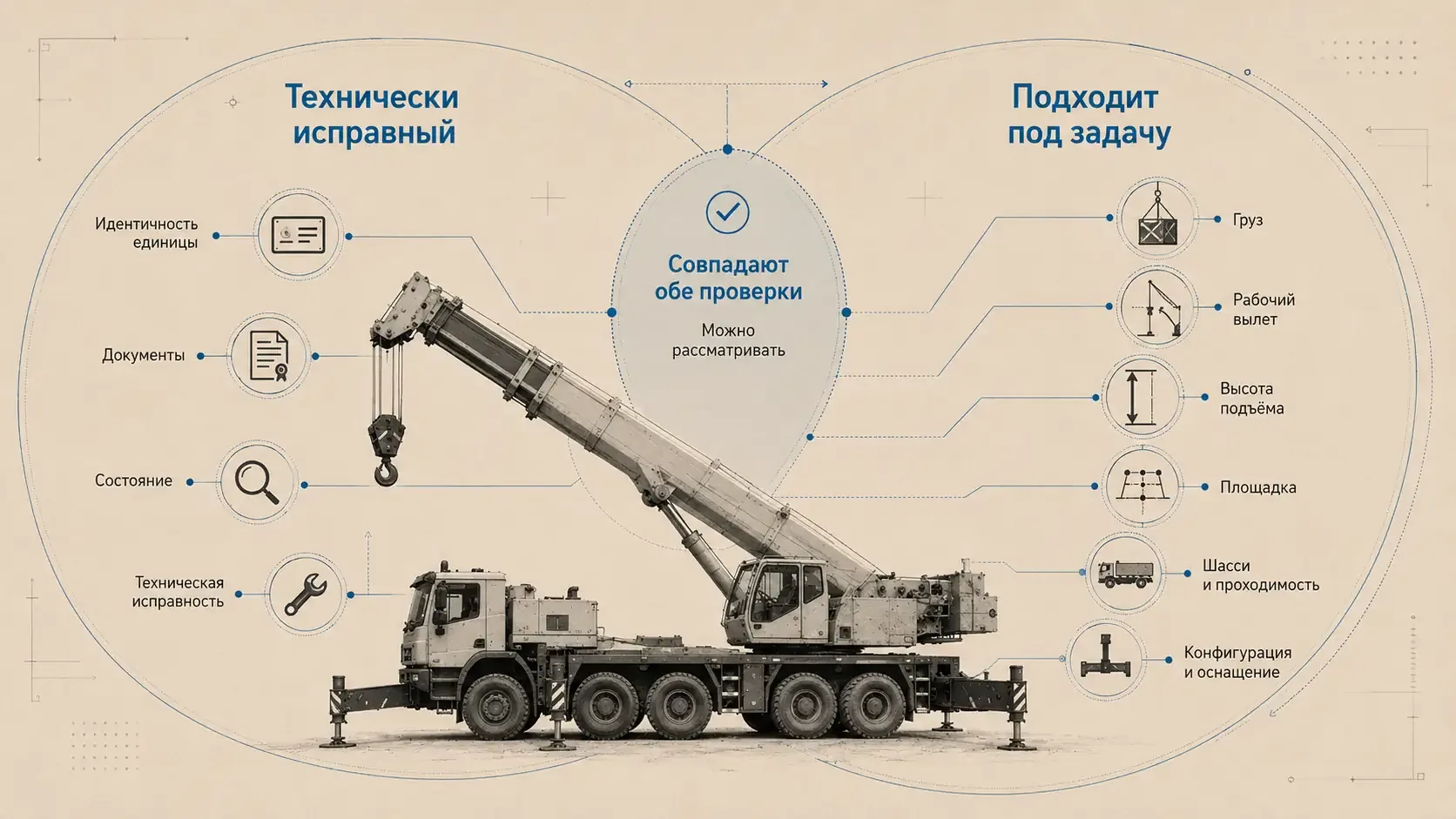 Сравнение технически исправного б/у автокрана и автокрана, подходящего под рабочую задачу по грузу, вылету, высоте, площадке, шасси и конфигурации