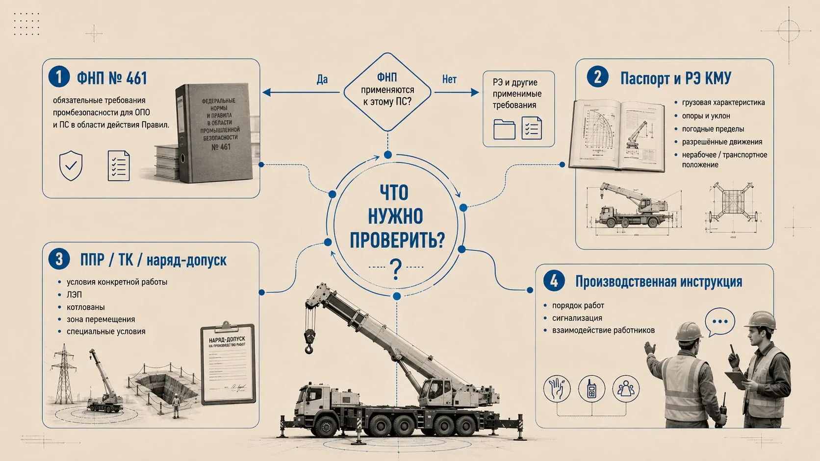 Схема «Откуда брать правило» для КМУ: ФНП № 461, паспорт и РЭ, ППР или наряд-допуск, производственная инструкция