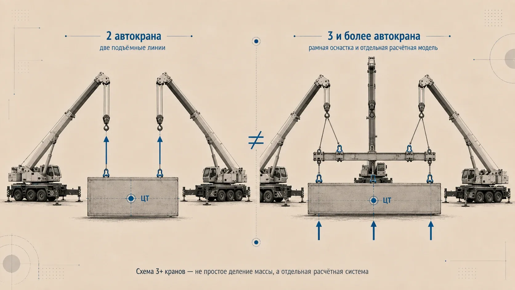 Сравнительная схема подъёма груза несколькими автокранами: слева два автокрана с двумя подъёмными линиями, справа три и более автокрана с рамной оснасткой и отдельной расчётной системой