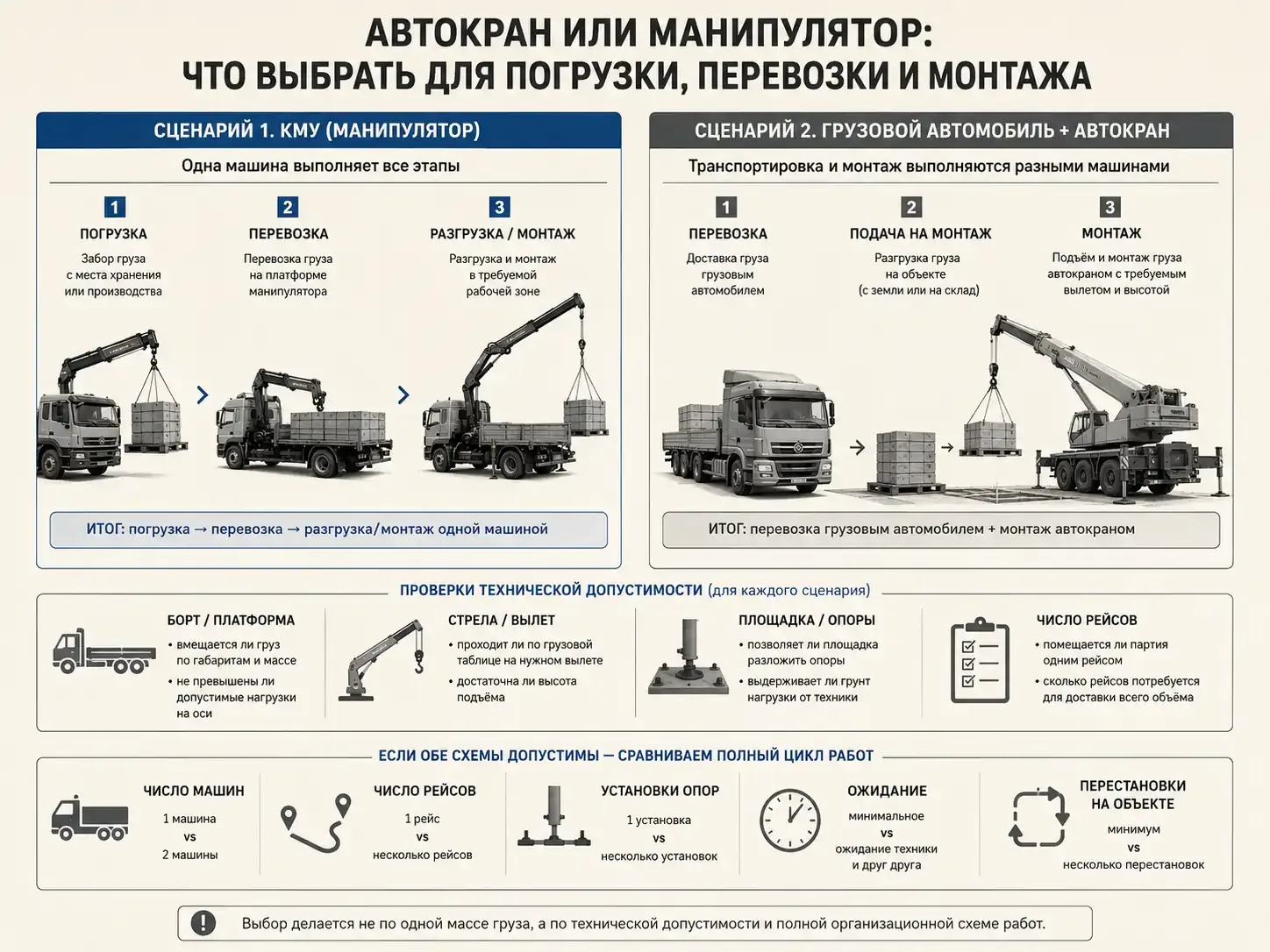 Сравнение двух схем работ: КМУ выполняет погрузку, перевозку и монтаж, а грузовой автомобиль доставляет груз для монтажа автокраном