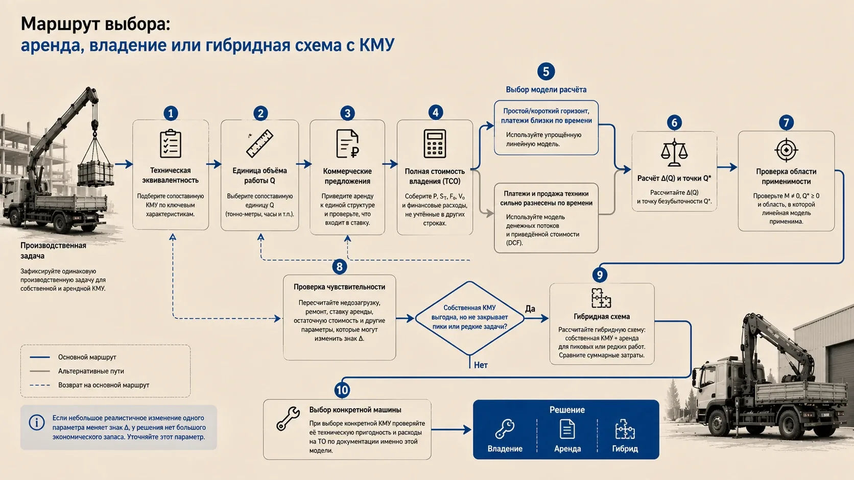 Схема выбора между арендой, владением и гибридной моделью КМУ с расчётом TCO, Δ(Q), Q* и проверкой чувствительности
