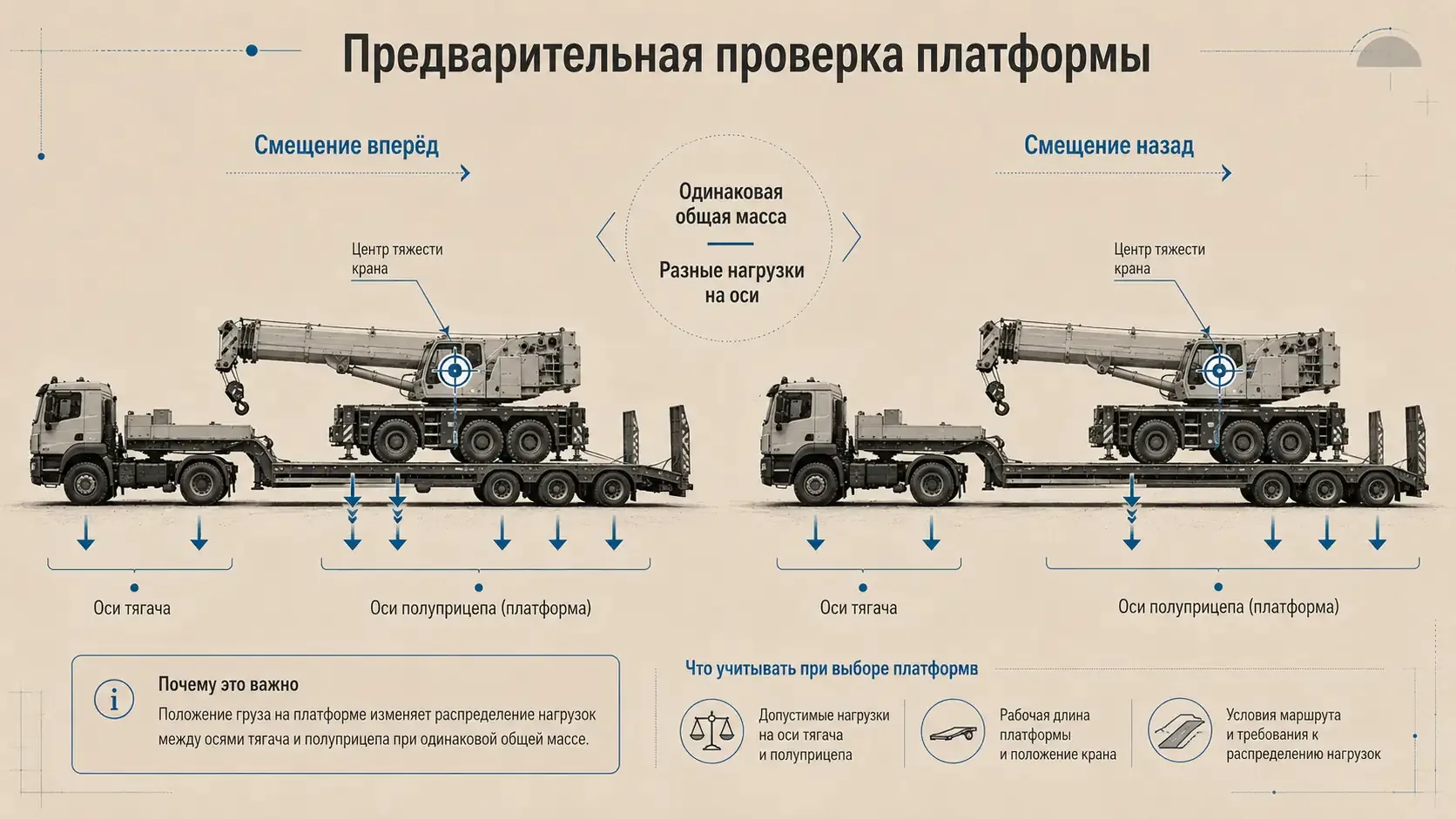 Предварительная проверка платформы: сравнение двух положений автокрана на низкорамной платформе и влияние смещения на распределение нагрузки по осям