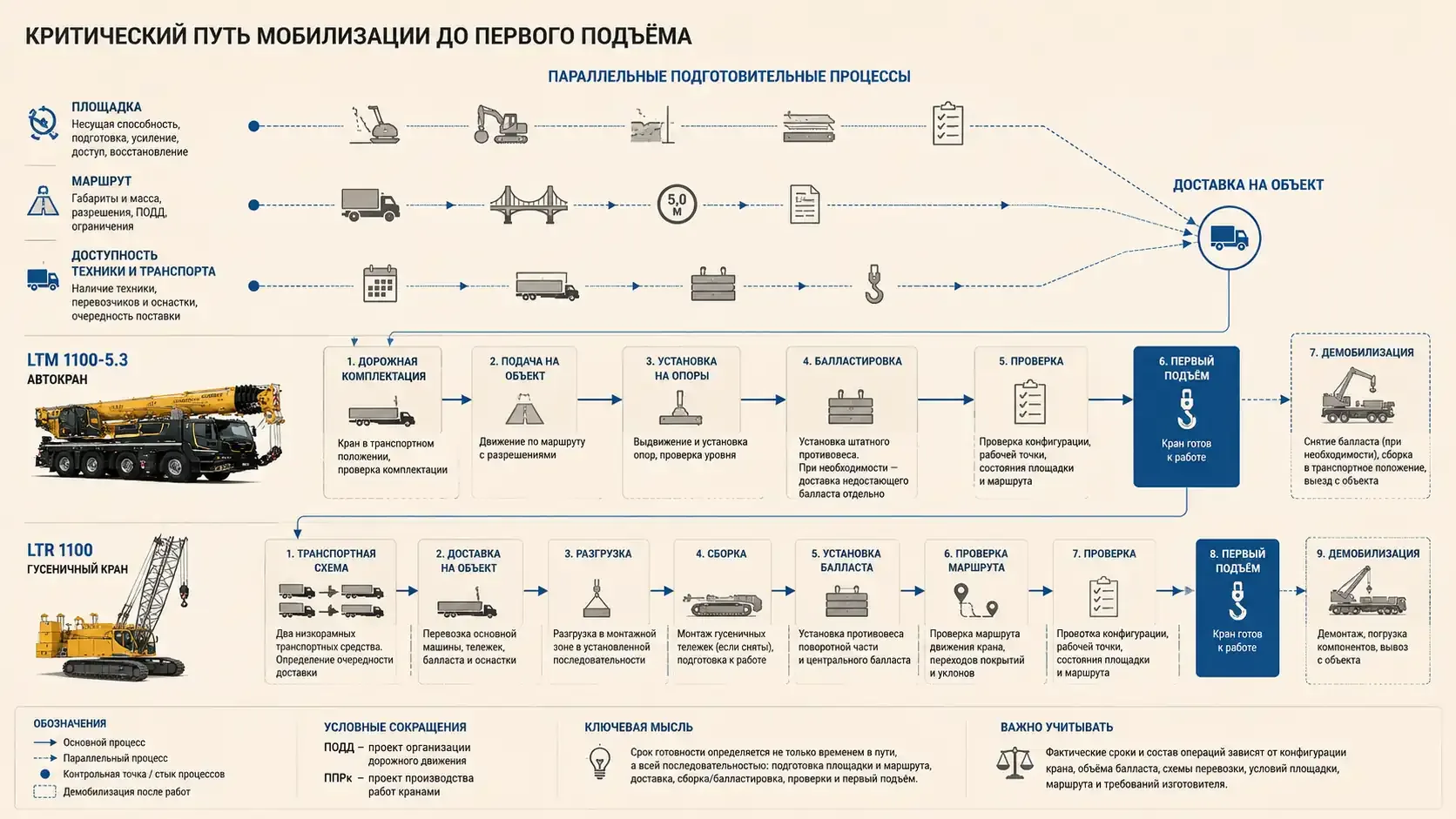 Сравнение этапов мобилизации автокрана LTM 1100-5.3 и гусеничного крана LTR 1100 до первого подъёма