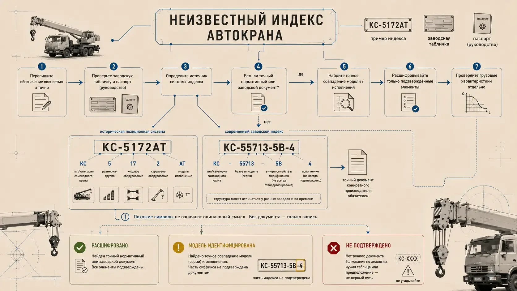 Схема проверки неизвестного индекса автокрана по табличке, паспорту и документации производителя с тремя статусами результата