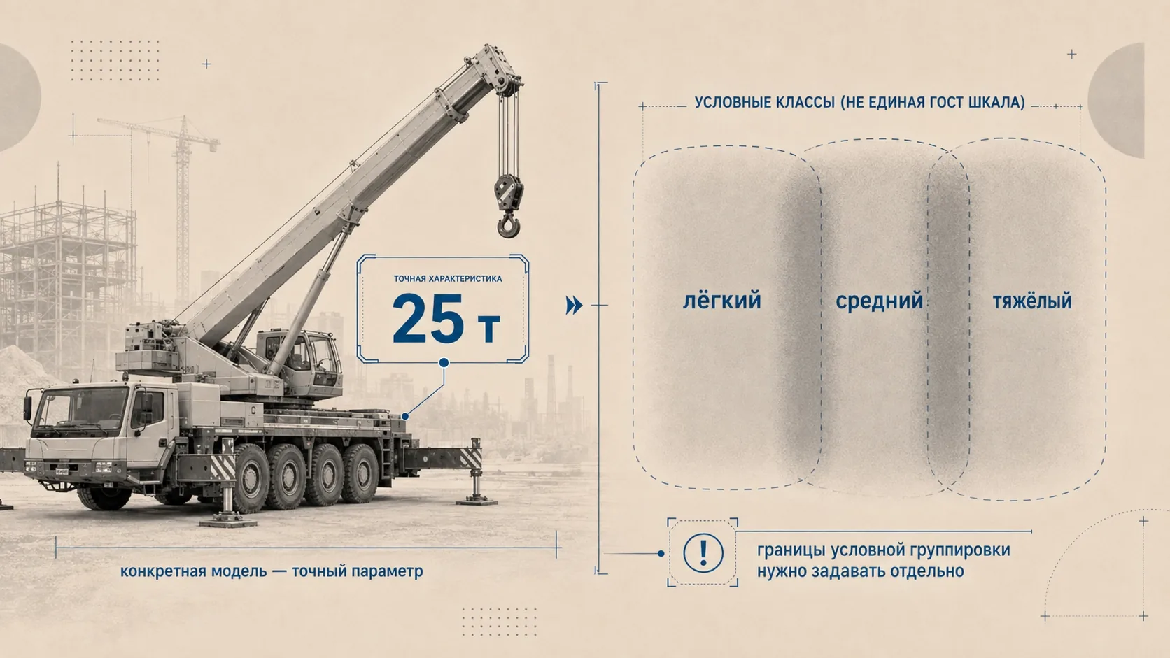 Сравнение точной характеристики автокрана 25 т и условных классов «лёгкий», «средний» и «тяжёлый» без единой шкалы ГОСТ