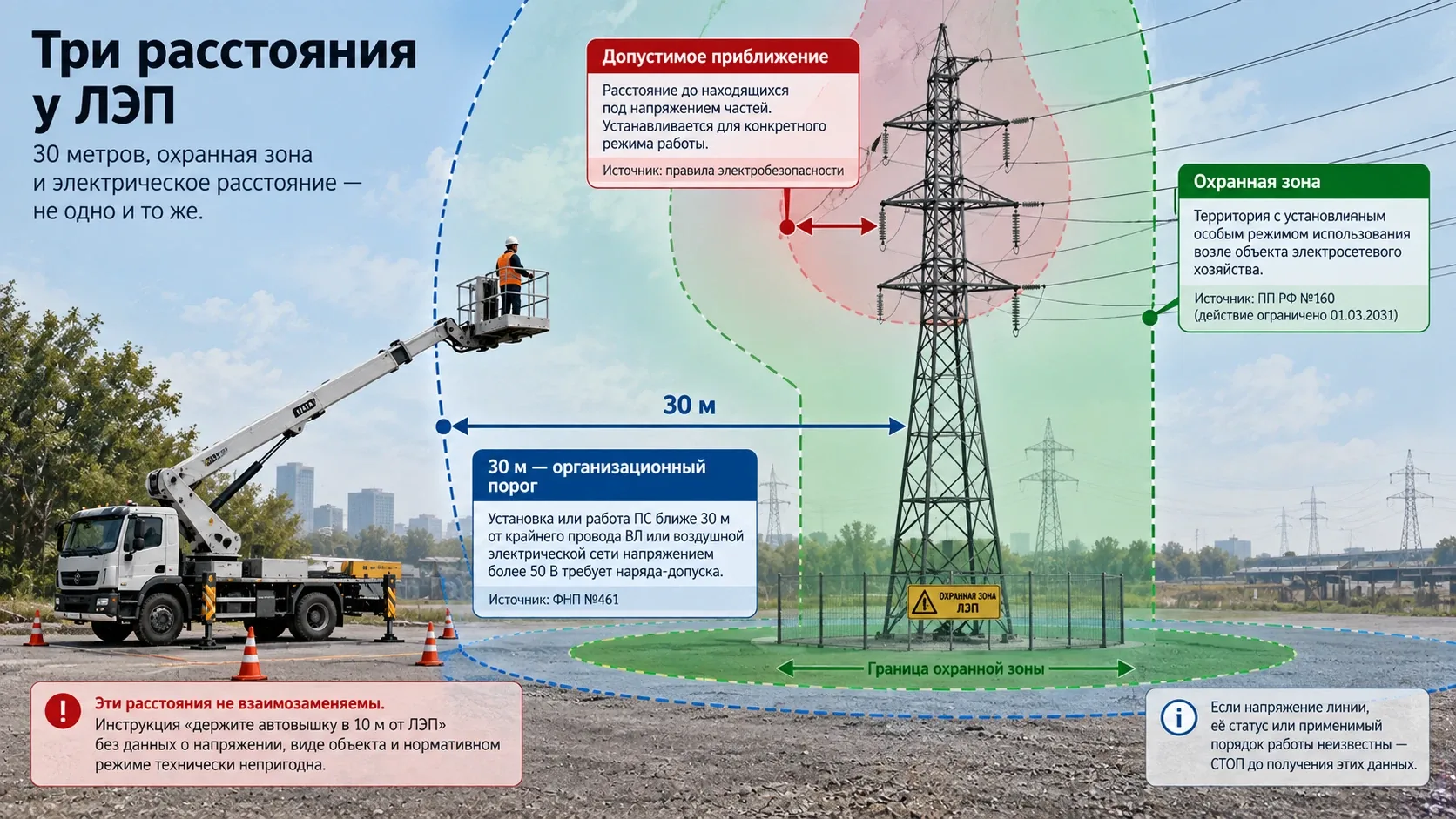 Схема трёх расстояний у ЛЭП для работы автовышки: 30-метровый организационный порог, охранная зона и допустимое приближение к токоведущим частям