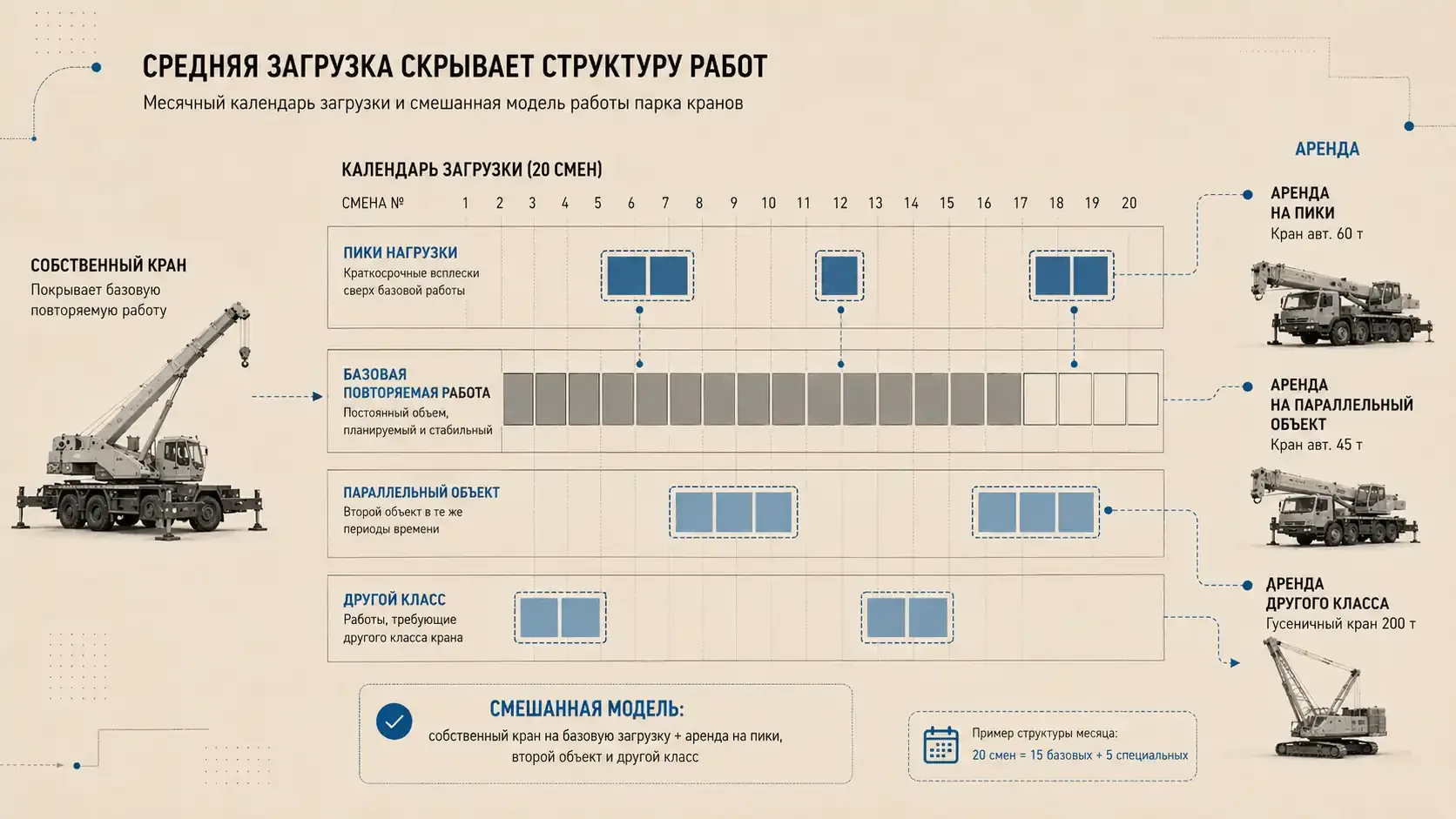 Инфографика смешанной модели использования автокрана: собственный кран закрывает базовую загрузку, аренда — пики, параллельный объект и задачи другого класса