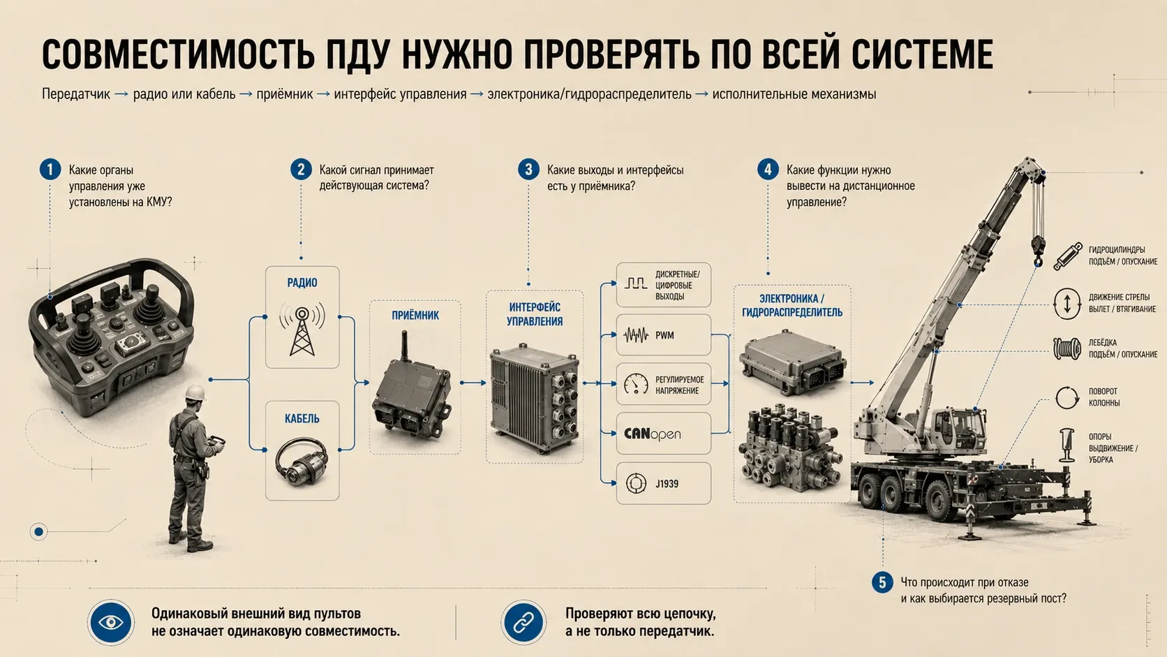 Схема совместимости ПДУ КМУ: передатчик, приёмник, интерфейсы управления и исполнительные механизмы