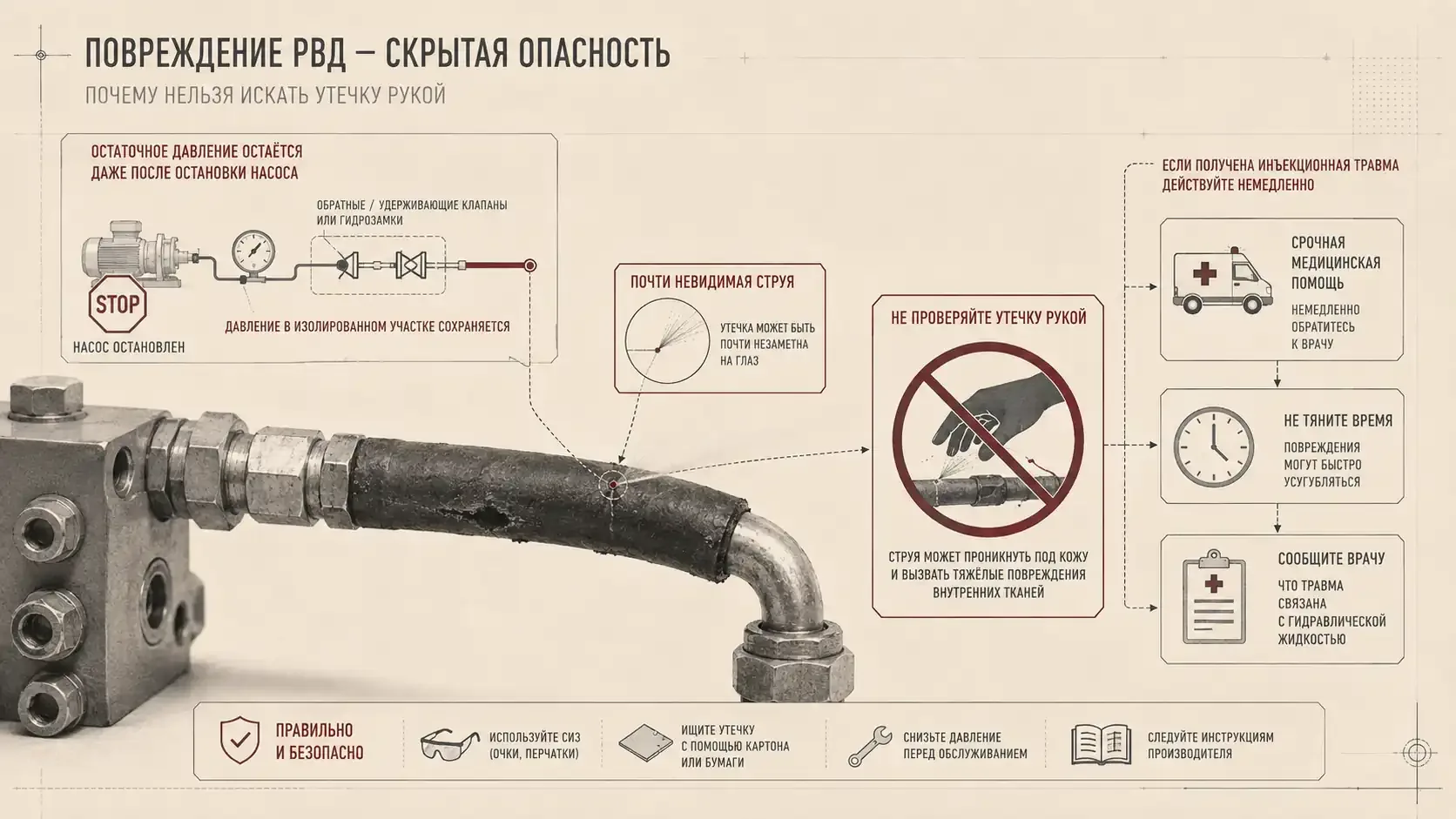Поврежденный РВД под остаточным давлением: невидимая струя, запрет проверки течи рукой и порядок срочной медицинской помощи