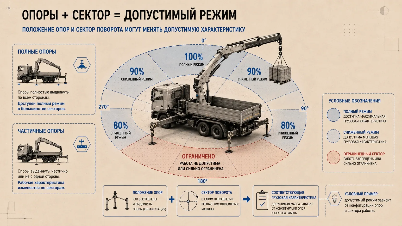 Положение опор и сектор поворота КМУ: как конфигурация опор меняет допустимый рабочий режим