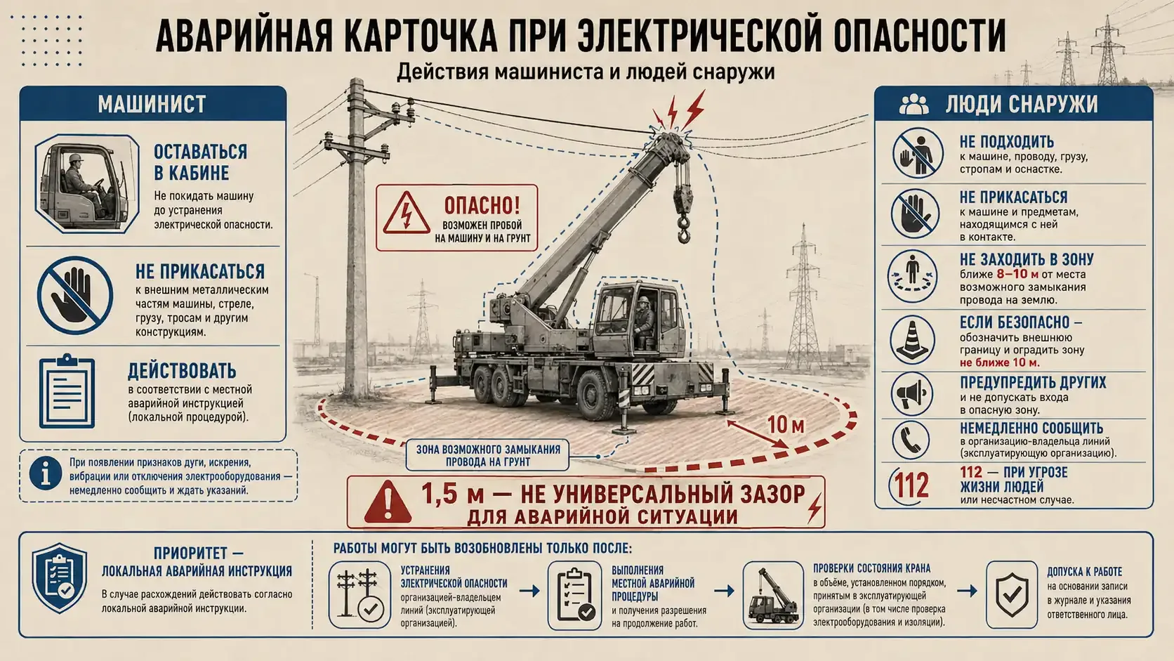Аварийная карточка при электрической опасности: действия машиниста в кабине и людей снаружи, зона 8–10 м, вызов владельца линии и 112