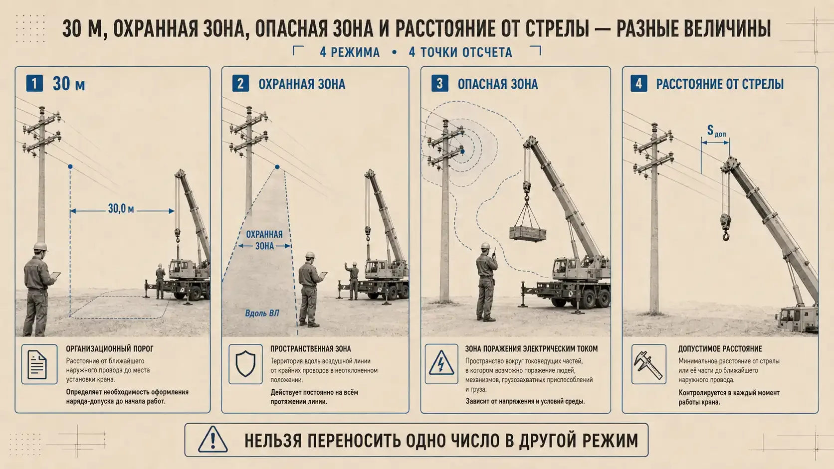 Сравнительная инфографика для работы автокрана вблизи ЛЭП: 30 м, охранная зона, опасная зона и расстояние от стрелы показаны как четыре разные величины с отдельными точками отсчета