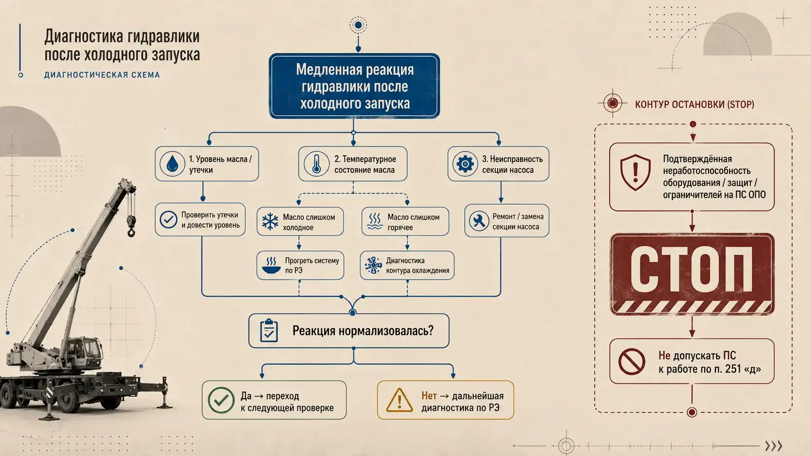 Диагностическая схема медленной реакции гидравлики автокрана после холодного запуска с проверкой масла, температуры и секции насоса