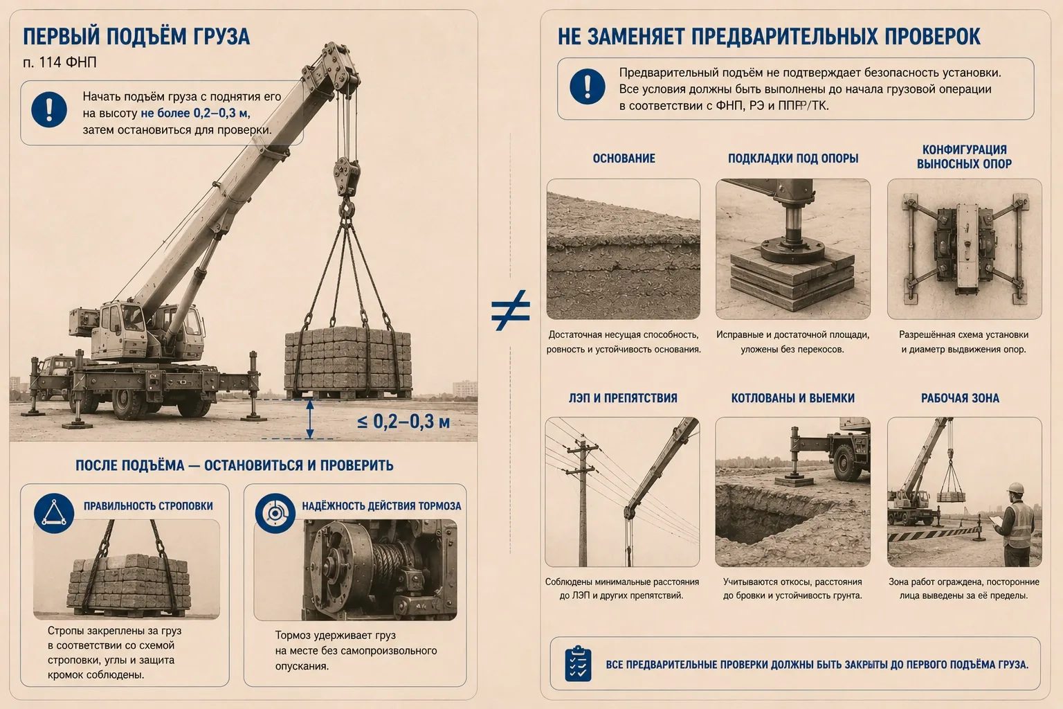 Предварительный подъём груза автокраном на высоту не более 0,2–0,3 м для проверки строповки и тормоза с указанием проверок, которые должны быть выполнены заранее