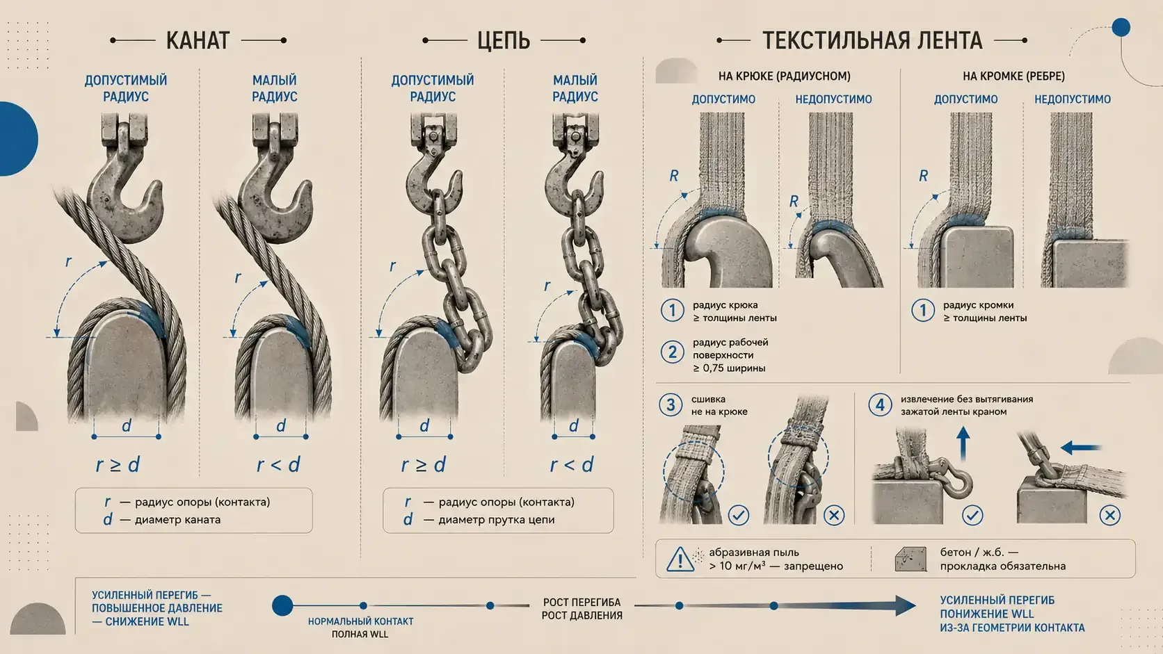 Сравнение допустимого радиуса контакта каната, цепи и текстильной ленты с крюком и кромкой, включая ограничения WLL
