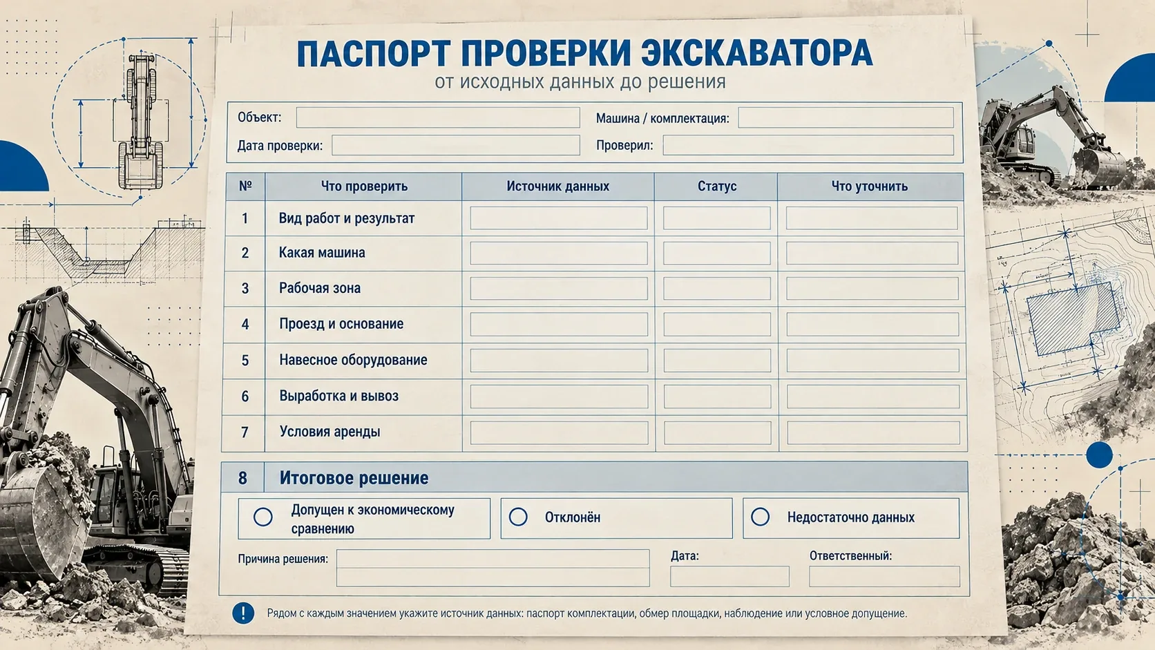 Контрольный лист проверки экскаватора с восемью пунктами, полями для источников данных, статусов и уточнений, а также итоговым решением о пригодности техники к экономическому сравнению.
