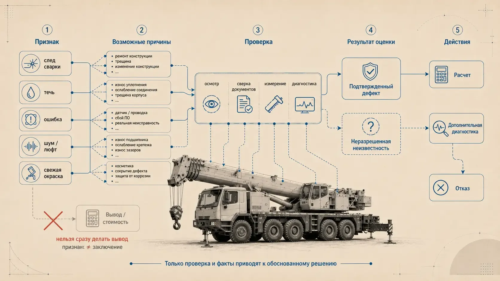 Диагностический поток при осмотре б/у автокрана: от признаков и возможных причин через проверку к подтвержденному дефекту или неразрешенной неизвестности