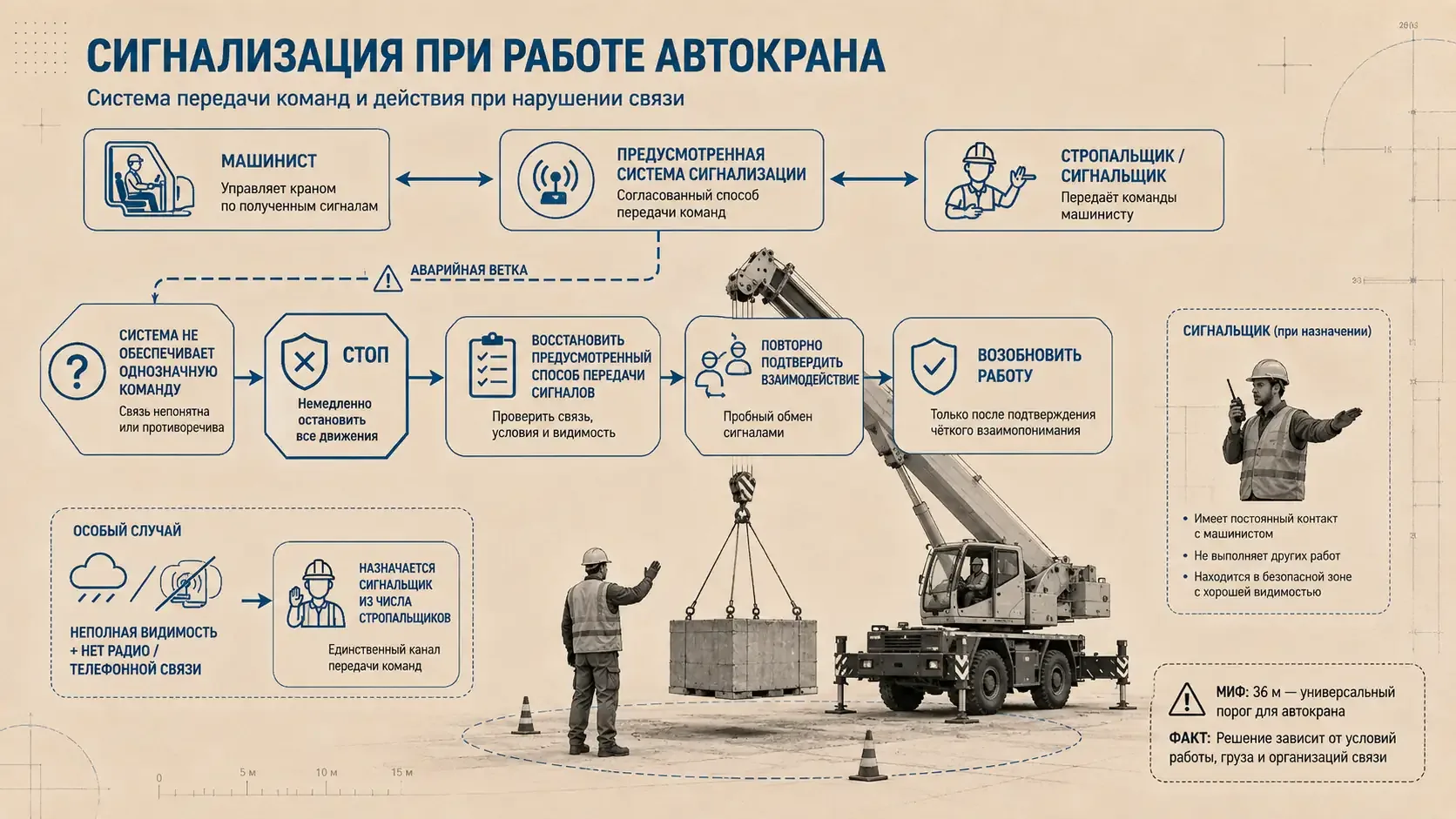 Система сигнализации при работе автокрана и действия при нарушении связи: машинист, стропальщик, STOP, восстановление связи и повторное подтверждение взаимодействия