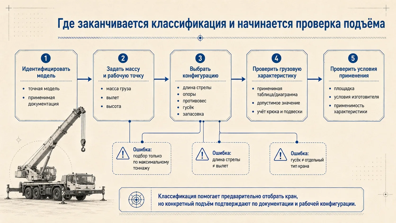 Дерево выбора проверки подъёма автокраном: от идентификации модели и рабочей точки до грузовой характеристики и условий применения