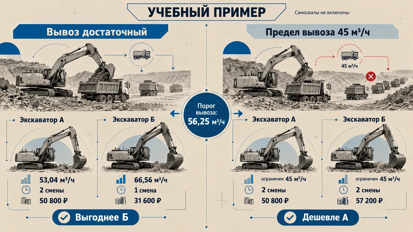 Сравнение экскаваторов А и Б при достаточном и ограниченном вывозе грунта: производительность, количество смен и расходы при пороге 56,25 м³/ч.