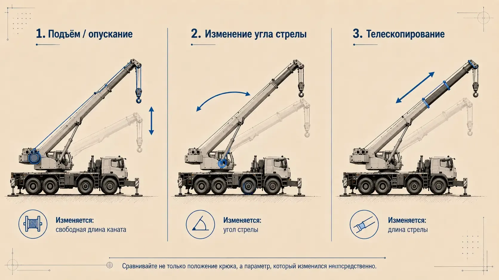 Сравнительная схема с тремя одинаковыми контурами автокрана: подъём и опускание за счёт изменения свободной длины каната, изменение угла стрелы и телескопирование с выделением непосредственно изменяемого параметра