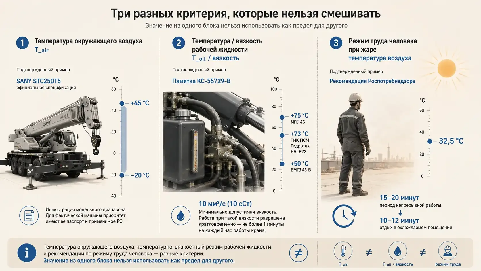 Три температурных критерия при работе автокрана в жару — температура воздуха, рабочей жидкости и режим труда человека