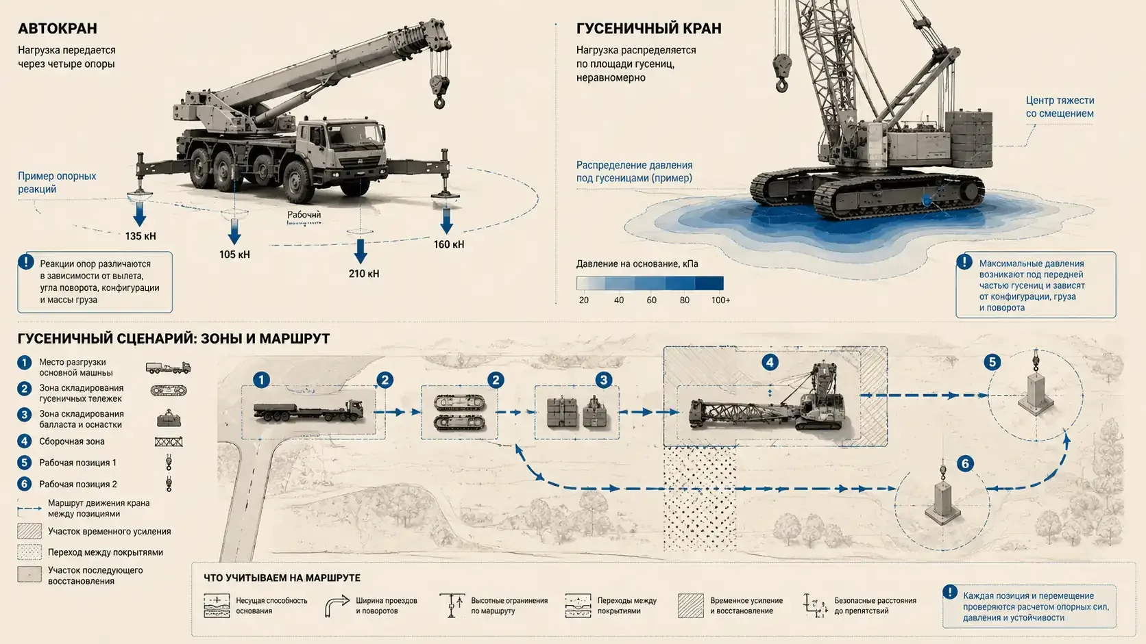 Сравнение опорных реакций автокрана и распределения давления под гусеницами крана с маршрутом по площадке