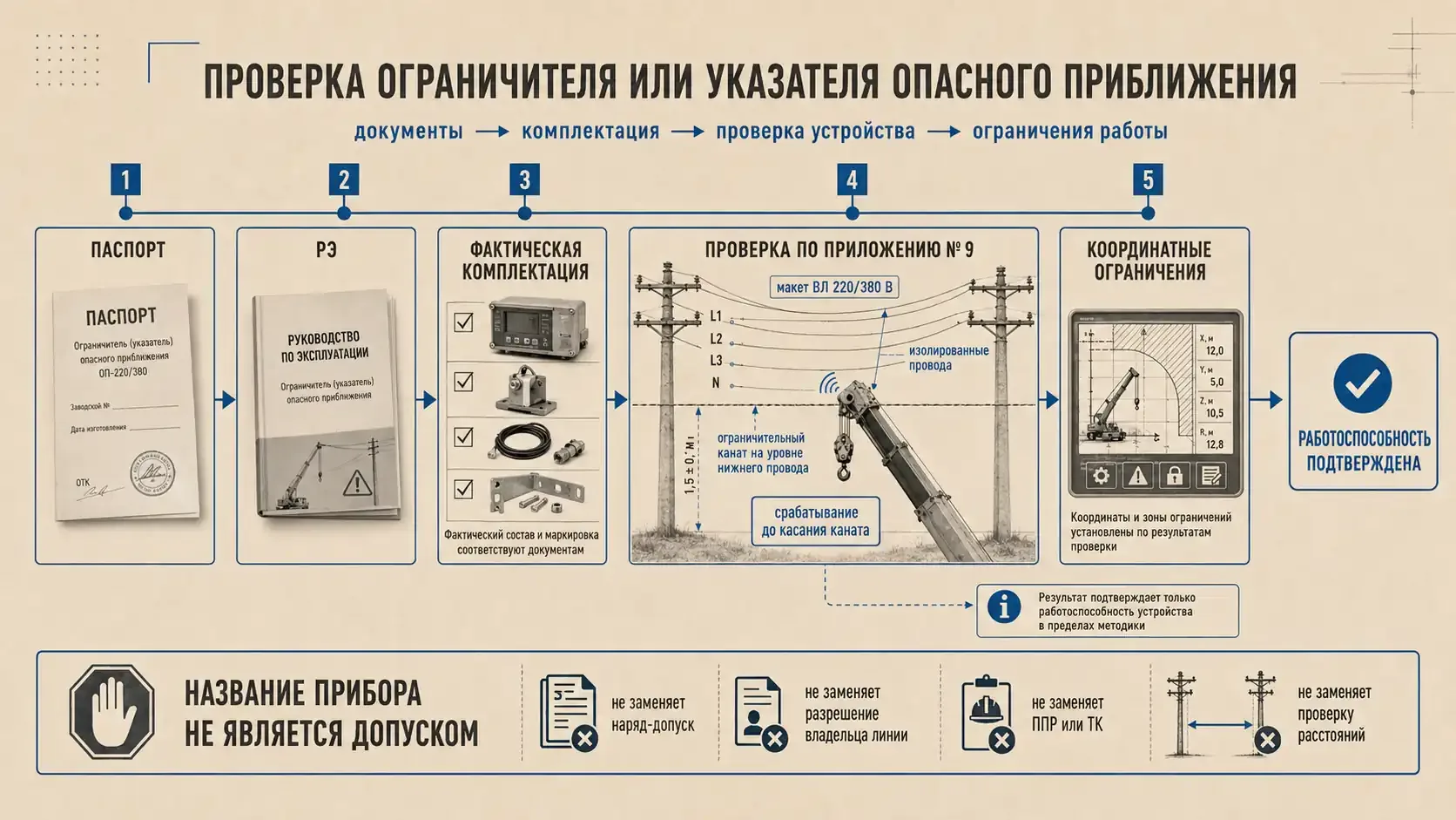 Блок-схема проверки ограничителя опасного приближения: паспорт, РЭ, фактическая комплектация, проверка по приложению № 9 и координатные ограничения