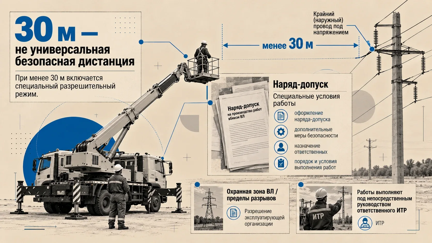 Работа автовышки рядом с ЛЭП: расстояние менее 30 м от крайнего провода, наряд-допуск, специальные условия и разрешение эксплуатирующей организации.