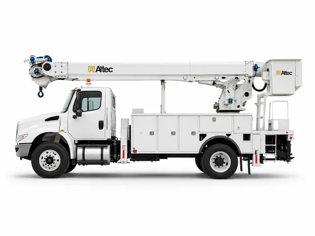 Белый автокран Altec AC 26-95S с голубыми акцентами, вид строго сбоку