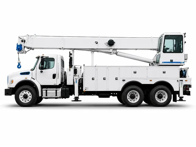 Автокран ALTEC AC 26-95B в бело-голубой цветовой схеме, вид строго сбоку
