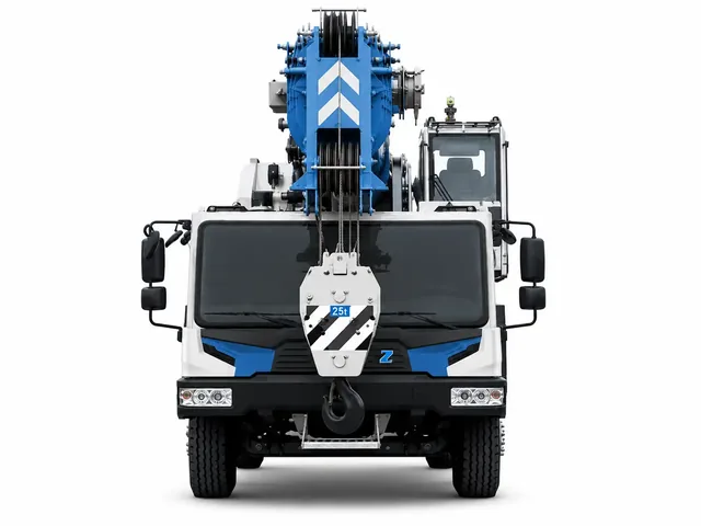 Автокран ZOOMLION ZTC250V в бело-голубой цветовой схеме, вид строго спереди для карточки ГК «ИТТ»