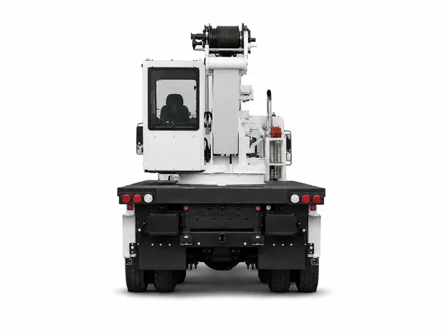 Автокран ALTEC AC 35-127S белого цвета с чёрной платформой, вид строго сзади