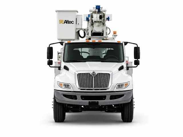 Белый автокран Altec AC 26-95S с голубыми акцентами, вид строго спереди