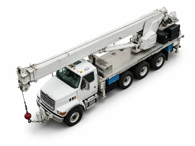 Автокран ALTEC AC 26-103S белого цвета с голубыми акцентами, вид сверху под высоким углом