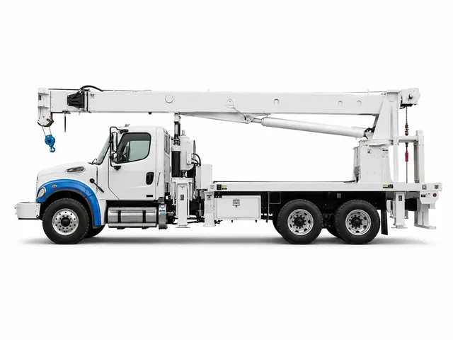Автокран ALTEC AC 26-103B в бело-голубой окраске, вид строго сбоку
