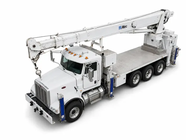 Автокран Altec AC 26-103R в бело-синей окраске, вид сверху под высоким углом