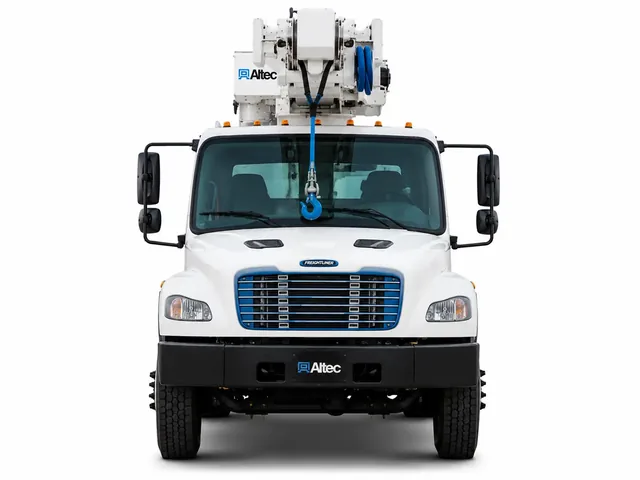 Автокран ALTEC AC 26-95B в бело-голубой цветовой схеме, вид строго спереди