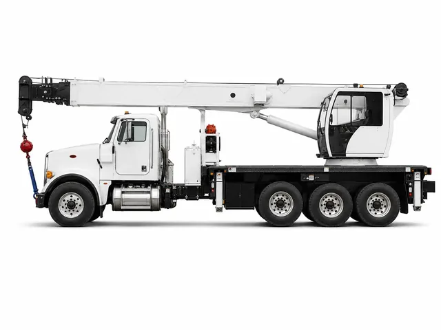 Автокран ALTEC AC 35-127S белого цвета с чёрными элементами, вид строго сбоку